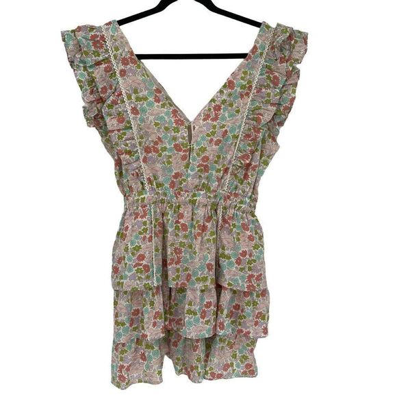 Love The Label Ines Ivory Tiered Ruffle Skirt Mini Dress Floral Ivory Medium NWT - Picture 3 of 11